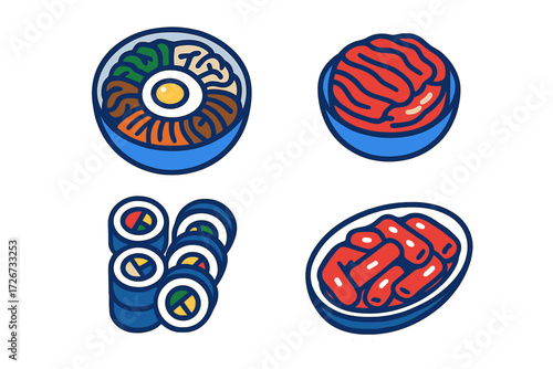 Delicious traditional Korean cuisine dishes set including bibimbap, kimchi, gimbap, and tteokbokki, showcasing popular Asian food culture