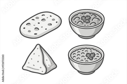 Delicious traditional Indian cuisine featuring naan bread, savory samosa, and hearty lentil soup, a complete and flavorful meal