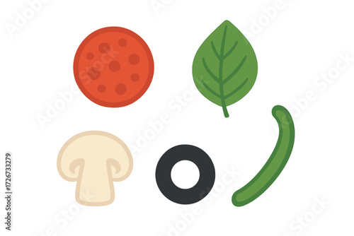Colorful stylized flat design collection of popular culinary ingredients including pepperoni, mushroom, basil, olive, and green bean