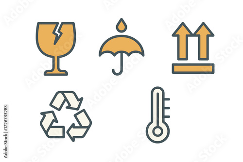 Universal packaging symbols for safe shipping and handling, indicating fragile items, keeping dry, correct orientation, recycling, and temperature control