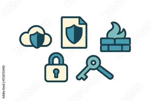 Digital security and data protection concepts with cloud shield, document shield, firewall, padlock, and key
