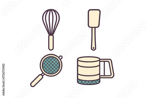 Essential baking tools collection with whisk, spatula, sieve, and flour sifter for kitchen and pastry preparation