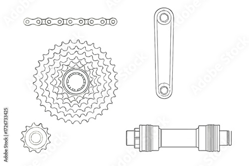 Bicycle drivetrain components technical drawing with chain, cassette, sprocket, crank arm, and bottom bracket