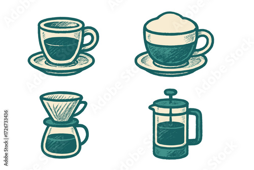 Stylized collection of coffee beverages and brewing equipment including French press, pour over dripper, and espresso cups