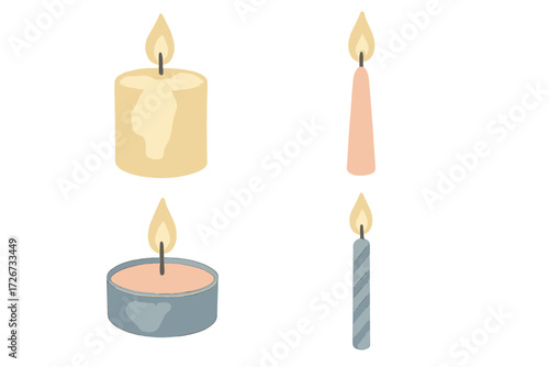 Diverse set of illuminated wax candles with warm flickering flames for festive occasions and decorative ambiance