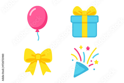 Brightly colored festive party celebration elements collection featuring a balloon gift box yellow bow and confetti popper