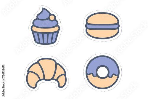 Collection of sweet bakery treats including cupcake, macaron, croissant, and donut icons with outlines and pastel colors