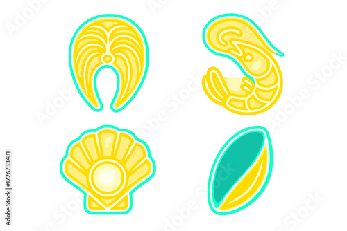 Vibrant neon seafood icons set with fish steak, shrimp, scallop, and mussel designs, ideal for restaurant menus and aquatic themes