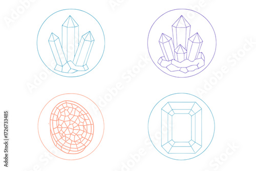 Elegant collection of minimalist outline icons featuring various faceted gemstones and natural crystal formations for modern design projects