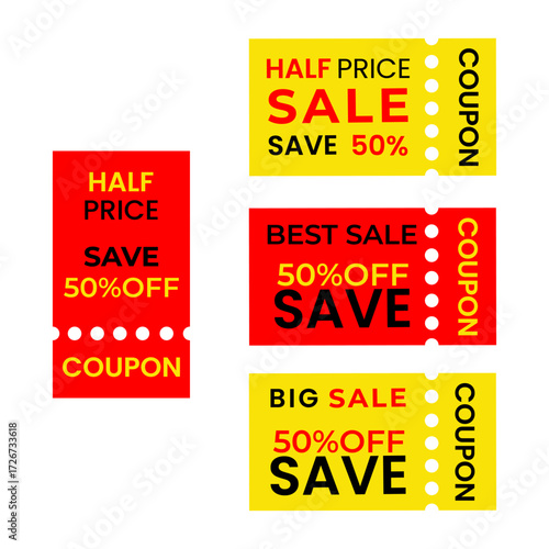 Discount coupon design, coupons are on websites, mobile apps, and in print variants. They may be used in shopping, in markets, discount, and bonus cards. Vector illustrations.  