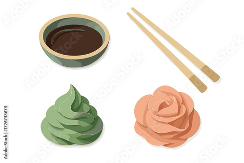 Japanese sushi meal essentials: soy sauce in a bowl, green wasabi paste, pink pickled ginger, and wooden chopsticks, neatly arranged on a white surface