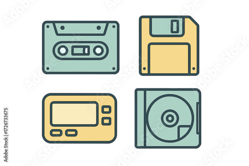 Retro technology icons set with floppy disk, audio cassette, compact disc, and portable player