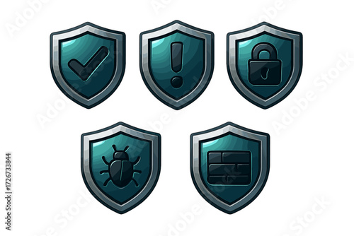 Cybersecurity and data protection shield icons featuring checkmark, warning, lock, bug, and firewall symbols