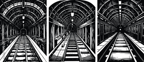 Dramatic monochrome view of vintage subway tunnel with striking perspective, ideal for urban exploration themes or abstract architectural concepts