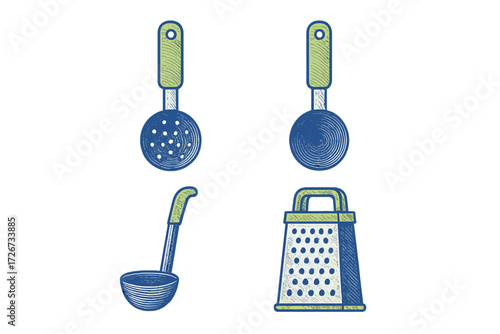 Collection of essential kitchen utensils including a skimmer, ladle, solid spoon, and grater for cooking and food preparation