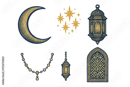Traditional Islamic decorative elements set with crescent moon, shining stars, ornate lanterns, and elegant arch for Ramadan and Eid