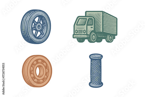 Assortment of industrial and vehicle elements including a car wheel, ball bearing, air filter, and a cargo truck