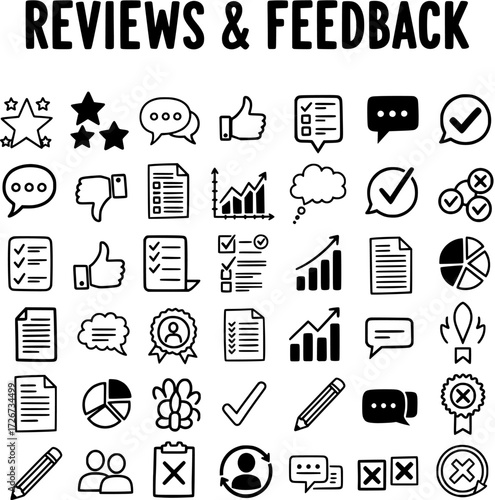 Hand-Drawn Reviews and Feedback Icons Set. Doodle Vector Collection for Survey, Rating, Communication, and Data Analysis.