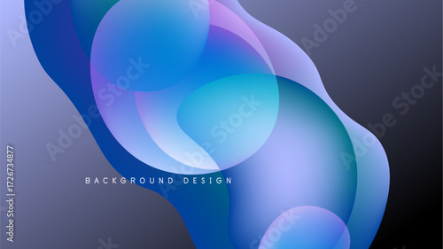 Abstract fluid shapes blend, creating vibrant blue, purple gradients. Modern design evokes movement, depth against dark backdrop.