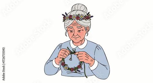 Elderly woman braiding flowers into a small crown