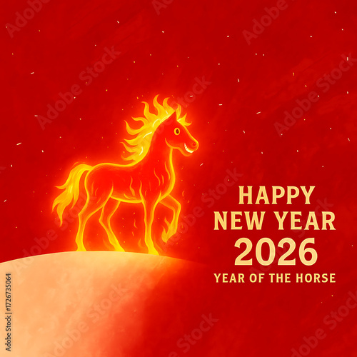 Minimalist digital illustration of a fiery horse silhouette standing on snowy ground with a red festive background. Concept of Merry Christmas and Happy New Year 2026, Year of the Horse.