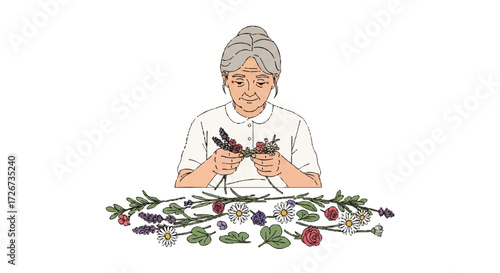 Elderly woman braiding flowers into a small crown