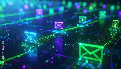 Illuminated neon email icons and data flow connections against a dark digital background