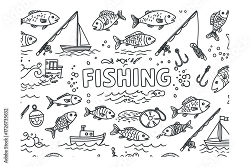 Fishing adventure colorful illustrations of fish and boats in a playful ocean environment. Vector illustration