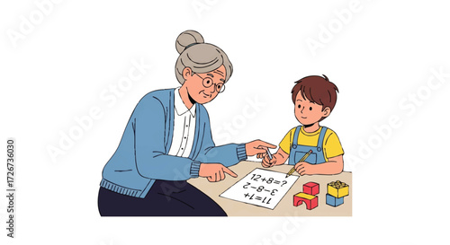 Grandmother wearing glasses teaching math to a child