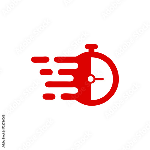 Time clock logo for fast delivery. timely service, stopwatch in motion, deadline concept, vector flat illustration