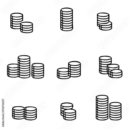 Simple collection of coin related line icons. vector on white background