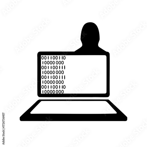 Silhouette of a hacker sitting behind a laptop with binary code displayed