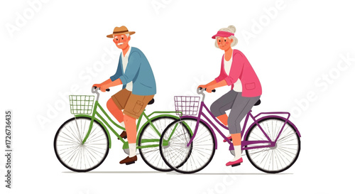 Senior couple riding bicycles slowly side by side