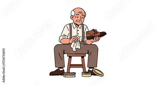Older man polishing his old shoes with care