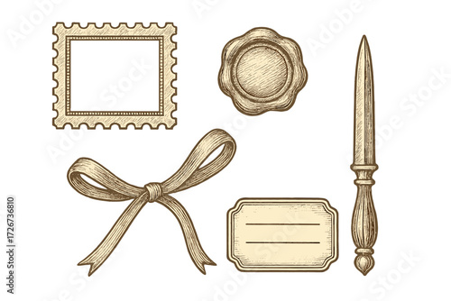 Vintage stationery elements including postage stamp, wax seal, ribbon, label, and letter opener set