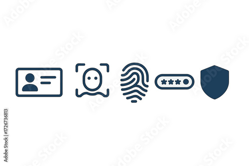 Comprehensive set of digital security, identification, and authentication methods featuring biometric scans, password protection, and ID card icons