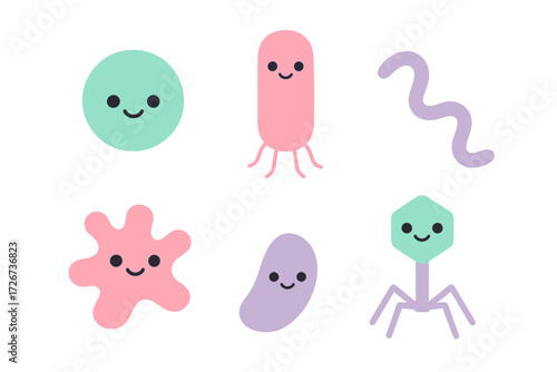Adorable collection of diverse smiling cartoon microorganisms including bacteria, viruses, and amoebas