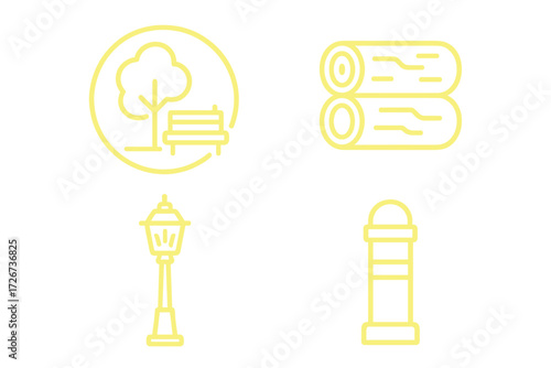Outdoor park and street elements collection featuring a tree, bench, logs, lamppost, and bollard