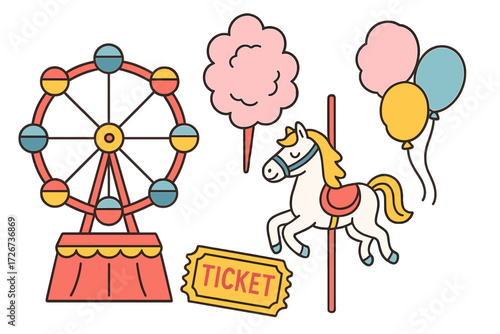 Vibrant amusement park carnival elements featuring a Ferris wheel, fluffy cotton candy, a classic carousel horse, festive balloons, and an admission ticket