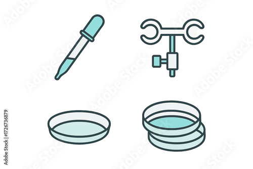 Science laboratory equipment set with dropper, retort stand clamp, and petri dishes for research and experiment