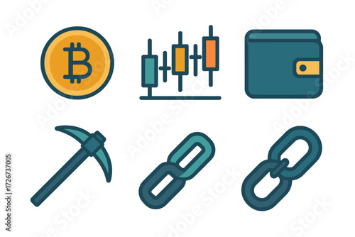 Cryptocurrency and blockchain technology symbols including digital currency, financial charts, wallet, mining tool, and chain links