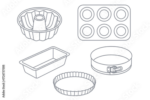 Assortment of essential baking pans including bundt, muffin, loaf, springform, and tart molds
