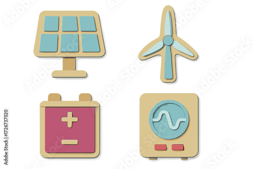 Eco-friendly renewable energy sources and sustainable power generation icons set featuring solar panel wind turbine battery and energy monitor
