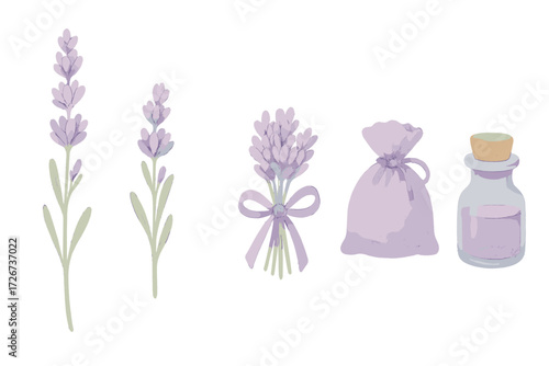 Aromatic lavender sprigs, delicate tied bouquet, soothing sachet, and natural essential oil bottle assortment
