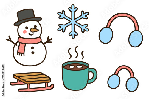 Collection of cute winter season elements including snowman, snowflake, hot chocolate, sled, and earmuffs