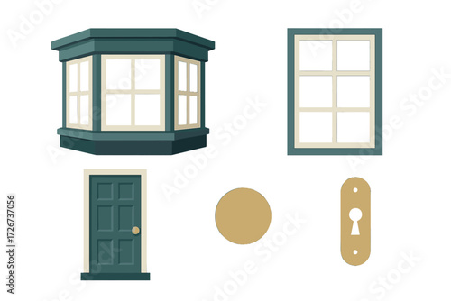 Collection of architectural elements featuring a bay window, a standard window, a front door, and golden door hardware
