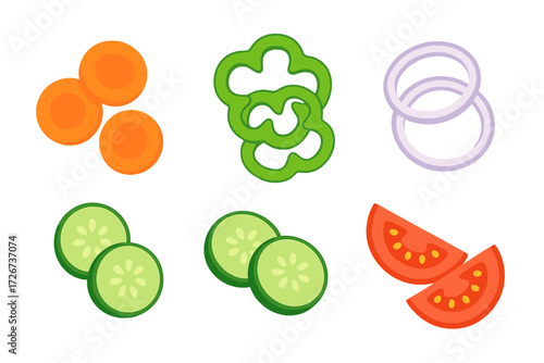 Assortment of fresh sliced vegetables including vibrant orange carrots, green bell peppers, purple onions, refreshing green cucumbers, and ripe red tomatoes