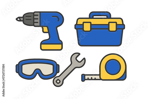 Collection of essential construction and repair tools including drill, toolbox, safety goggles, wrench, and tape measure