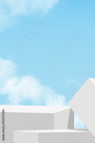 Minimal white podium on blue sky, clouds background,3D Abstract white stage stand for Product Mockup,Cosmetic platform display,Branding presentation in Winter promotion,Vector design banner for Spring