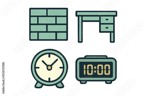 Essential home office items including a brick wall, desk, and various timekeeping devices for daily tasks